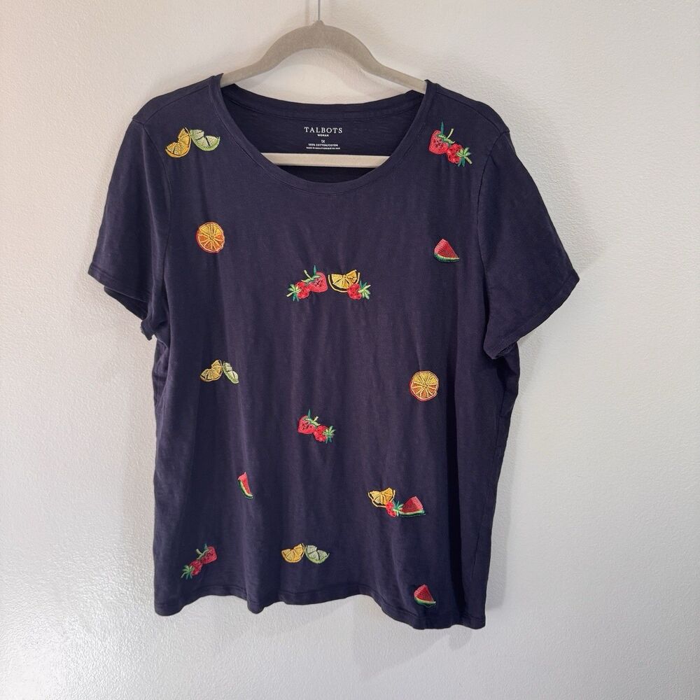 Talbots T-shirt 1X Navy Blue Embroidered Beaded Fruit 100% Cotton Crewneck